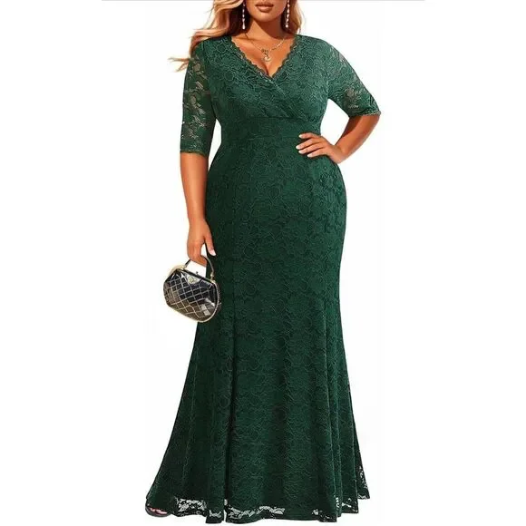 green emerald velvet dress Sheer-Bodice Long Lace Formal Gown main image 1